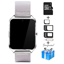 Smartwatch, Collasaro Sweatproof Smart Watch Phone with Camera and SIM Card Slot, Smart Watch for Android Samsung IOS iPhone LG Sony HTC Smartphones (Silver Metal)