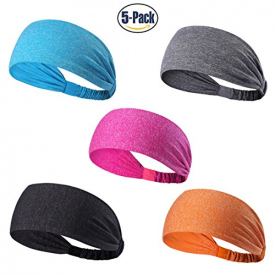Set of 5 and 10 Women’s Yoga Sport Athletic Headband For Running Sports Travel Fitness Elastic Wicking Non Slip Style Bandana Basketball Headbands Headscarf fits all Men & Women (Style 1 – 5 Color B)
