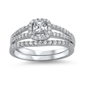 .925 Sterling Silver Split Shank Cushion Cut Cubic Zirconia Engagement Wedding Ring Set