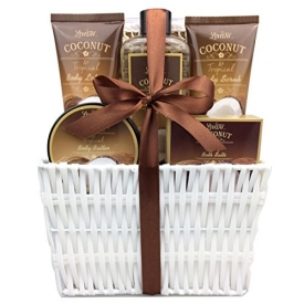 Spa Gift Basket and Bath Set with Refreshing Coconut Fragrance, by Lovestee-Bath and Body Gift Set, Includes Shower Gel Body Lotion Body Scrub Body Butter Bath Salt and Loofah Back Scrubber