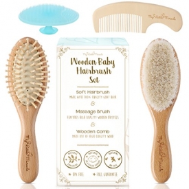 4 Piece Wooden Baby Hair Brush and Comb Set – Natural Soft Goat Bristles | Wood Bristles for Massage | Helps To Prevent or Cradle Cap – for Newborns and Toddlers | Perfect Baby Shower & Registry Gift