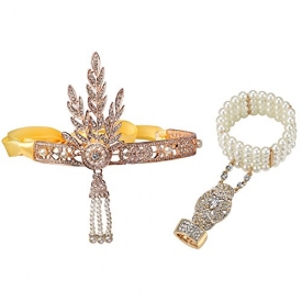 BABEYOND 1920s Flapper Headband and Gatsby Bracelet Adjustable Ring Set Great Gatsby Inspired Leaf Simulated 1920s Jewelry Set (Rose gold)