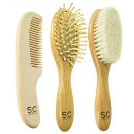 Natural Baby Hair Brush Set of 3 to Prevent Cradle Cap for Newborns and Toddlers. Hair Brushes for Babies: Goat Hair Brush and Wooden Massage Combs. Ogranic Infant Care Gift by Stone&Clark