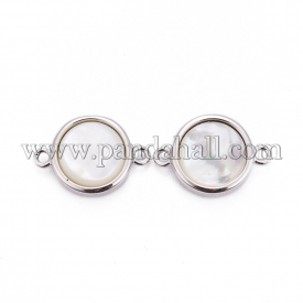 Natural White Shell Links, with Brass Findings, Flat Round, Platinum, 17.5x12x5.5mm, Hole: 1.5mm