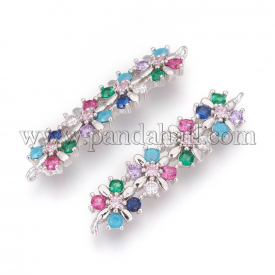Brass Links, with Micro Pave Cubic Zirconia, Flower, Colorful, Platinum, 8x36x3mm, Hole: 1.2mm