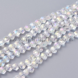 Electroplate Glass Beads Strands, AB Color Plated, Faceted, Hexagon, AB Color Plated, 5x6x4mm, Hole: 1.2mm; about 99pcs/strand, 19.2″(49cm)