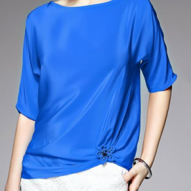 Blue Silk Crew Neck Asymmetrical Blouse