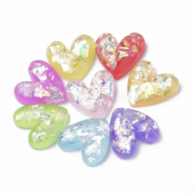 Resin Cabochons, with Shell Chip, Heart, Mixed Color, 20×19.5×5.5mm