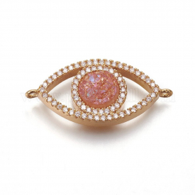 Brass Micro Pave Cubic Zirconia Links/Connectors, with Electroplate Natural Druzy Quartz, Eye, Golden, LightSalmon, 29×13~13.5×3~4.5mm, Hole: 1.2mm