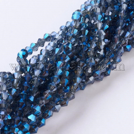 Electroplate Glass Beads Strands, Full Plated, Faceted, Bicone, MarineBlue, 3x3mm, Hole: 1mm; about 128~135pcs/strand, 13.8