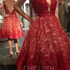 A-Line Deep V-Neck Backless Burgundy Lace Homecoming Dress with Beading-Cheap Casual Dresses