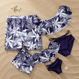 Off-shoulder Flounce Leaves Print Matching Family Swimsuits