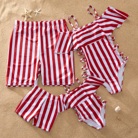 Red Striped Big Ruffle Family Swimsuits