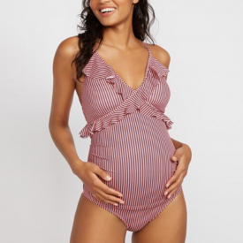 Pretty Flounced Striped Maternity Two-piece Swimsuit