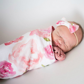 Elegant Floral Print Sleeping Baby Bag and Headband Newborn Swaddle Blanket Wrap