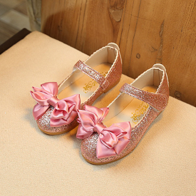 Toddler Elegant Sequined Velcro Big Bowknot Decor Flats Shoes