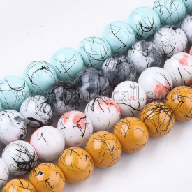 Drawbench & Baking Painted Glass Beads Strands, Round, Mixed Color, 8~8.5×7~7.5mm, Hole: 1mm; about 100~104pcs/strand, 30.7″~31.45″