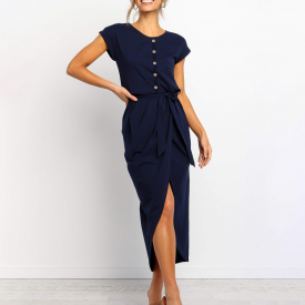 Elegant Button Decor Tie-up Short-sleeve Dress