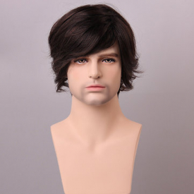 Medium Brown Men Human Hair Wig Male Mono Top Virgin Remy Capless Side Bang Fluffy d