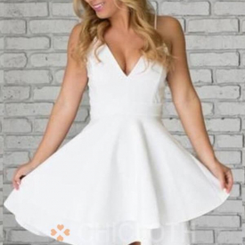 A-Line Spaghetti Straps Short Tiered White Satin Homecoming Dress with Lace-Cheap Casual Dresses