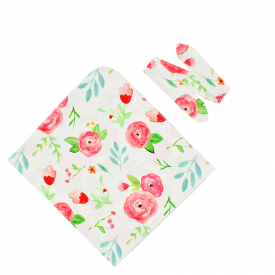 2-piece Full Floral Print Cotton Baby Wrap Blanket and Hairband Set