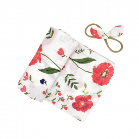 2-piece Full Floral Print Muslin Cotton Baby Wrap Blanket and Hairband Set