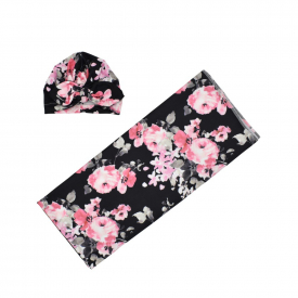 2-piece Full Floral Print Muslin Cotton Baby Wrap Blanket and Hairband Set
