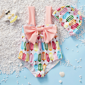 2-piece Baby / Toddler Girl Ice-cream Print Bowknot One-piece Swimsuit and Hat Set