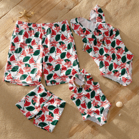 Morning Glory Print Ruffle-sleeve Matching Swimsuits
