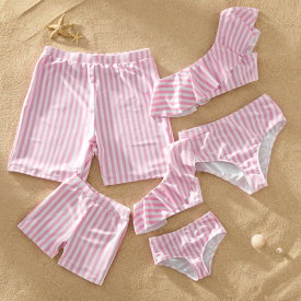 One-shoulder Flounce Striped Print Matching Swimsuits