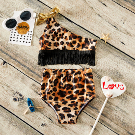 2-piece Baby / Toddler Girl Stylish Leopard Print Tassel Top and Bottom Swimsuit Set