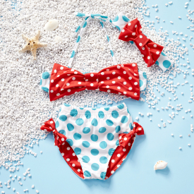 3-piece Baby / Toddler Girl Colorblock Polka Dots Top and Bottom with Headband Bikini Set