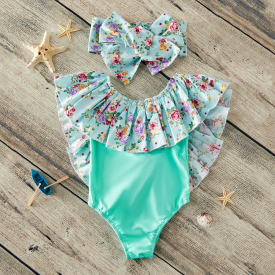 2-piece Baby / Toddler Girl Pretty Floral Print Off Shoulder Swimwear and Headband Set