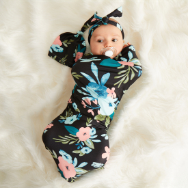 3-piece Full Floral Print Baby Blanket Swaddle Hat and Headband Set