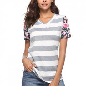 Casual V Neck Short-sleeve Striped Splice Tee For women