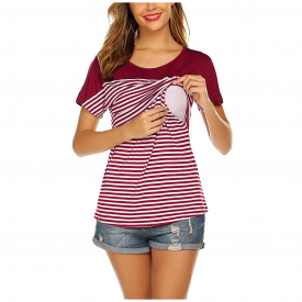 Casual Striped Short-sleeve Nursing Tee（ Random printing position）