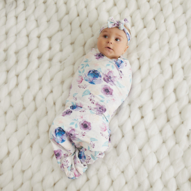 New Style Floral Print Soft Swaddle ,Headband and Hat Three-piece
