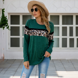 Round collar Color Block full print long sleeve casual T-shirt