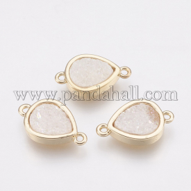 Natural Druzy Agate Links, with Brass Findings, Drop, Golden, AB Color Plated, 17x10x3~4mm, Hole: 1.2mm