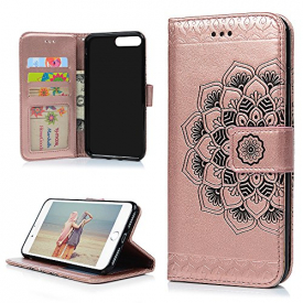 iPhone 7 Plus Case, iPhone 8 Plus Case, 3D Relief Embossed Mandala Floral Pattern PU Leather Soft TPU Inner Card ID Holder Wrist Strap Stand Magnetic Folio Flip Wallet Cover by YOKIRIN, Gold