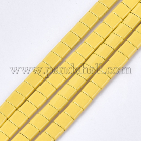 Spray Painted Non-magnetic Synthetic Hematite Multi-Strand Links, For Tile Elastic Bracelets Making, Square, Yellow, 5x5x2mm, Hole: 0.6mm; about 81pcs/strand, 15.9″