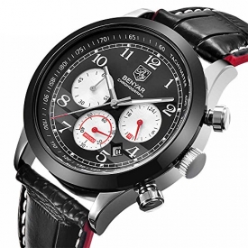 Watch Men Leather Luxury Brand Business Casual Date Chronograph Waterproof Sports Military Quartz Watches (Black red)