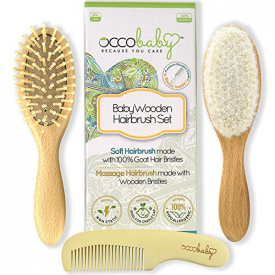 OCCObaby 3-Piece Wooden Baby Hair Brush and Comb Set for Newborns and Toddlers | Natural Soft Goat Bristles for Cradle Cap | Wood Bristles Baby Brush for Massage | Perfect for Baby Registry