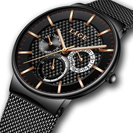 Watches for Men,LIGE Stainless Steel Waterproof Sports Analog Quartz Watch Date Display Black Dial Gents Business Casual Luxury Dress Wrist Watch Clock with Milanese Mesh Band Gold Black