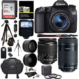 Canon EOS 70D 20.2 MP DSLR Camera AF Full HD 1080p Video + EF-S 18-55mm f/3.5-5.6 IS STM Lens + 55-250mm Image Stabilizer Zoom Lens + Polaroid .43x Wide Angle & 2.2X High Telephoto Lens Accessory Kit