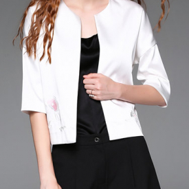 White Floral-embroidered Casual Cropped Jacket