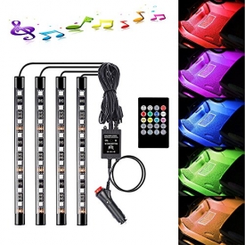 Car Interior Lights 4pcs 36 LED DC 12V Car Floor Atmosphere Glow Neon lights Multicolor Music Car LED Strip Lights Underdash Lighting Kit with Sound Active function and Wireless Remote Control