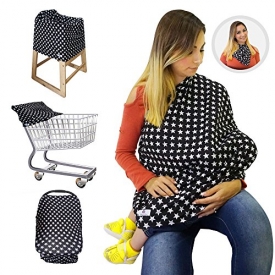 Nursing Breastfeeding Cover / Scarf + Baby Car Seat Cover / Canopy + Shopping Cart / Stroller Cover + High Chair Cover for Infant Girls and Boys. Best 4 in 1 Multi Use Stretchy Covers (Stars)
