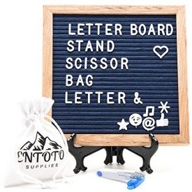 Changeable Felt Letter Board Set – Navy blue 10X10 inches oak wood frame message board with wall mount hanger, 340 White Letters, numbers, symbols & Signs, free Stand, Canvas Bag & Scissor