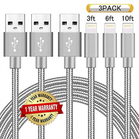 Ulimag Lightning Cable 3Pack 3FT 6FT 10FT Nylon Braided Certified iPhone Cable USB Cord Charging Charger for Apple iPhone 7, 7 Plus, 6, 6s, 6+, 5, 5c, 5s, SE, iPad, iPod Nano, iPod Touch (Gray)